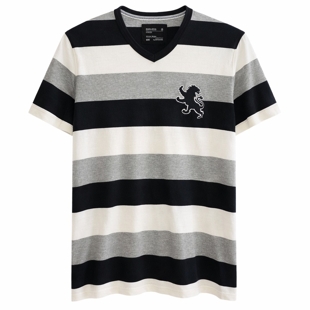 Express Jersey Men’s V-Neck T-Shirt Medium Black Gray White Striped Lion Logo
